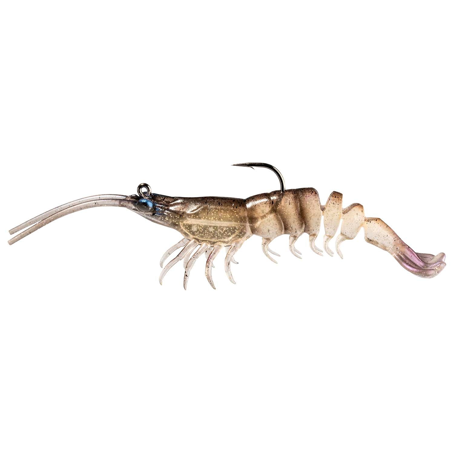 Brown shrimp-shaped fishing lure with segmented legs and black hook