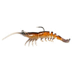 Orange-brown shrimp-shaped fishing lure with segmented legs and black hook