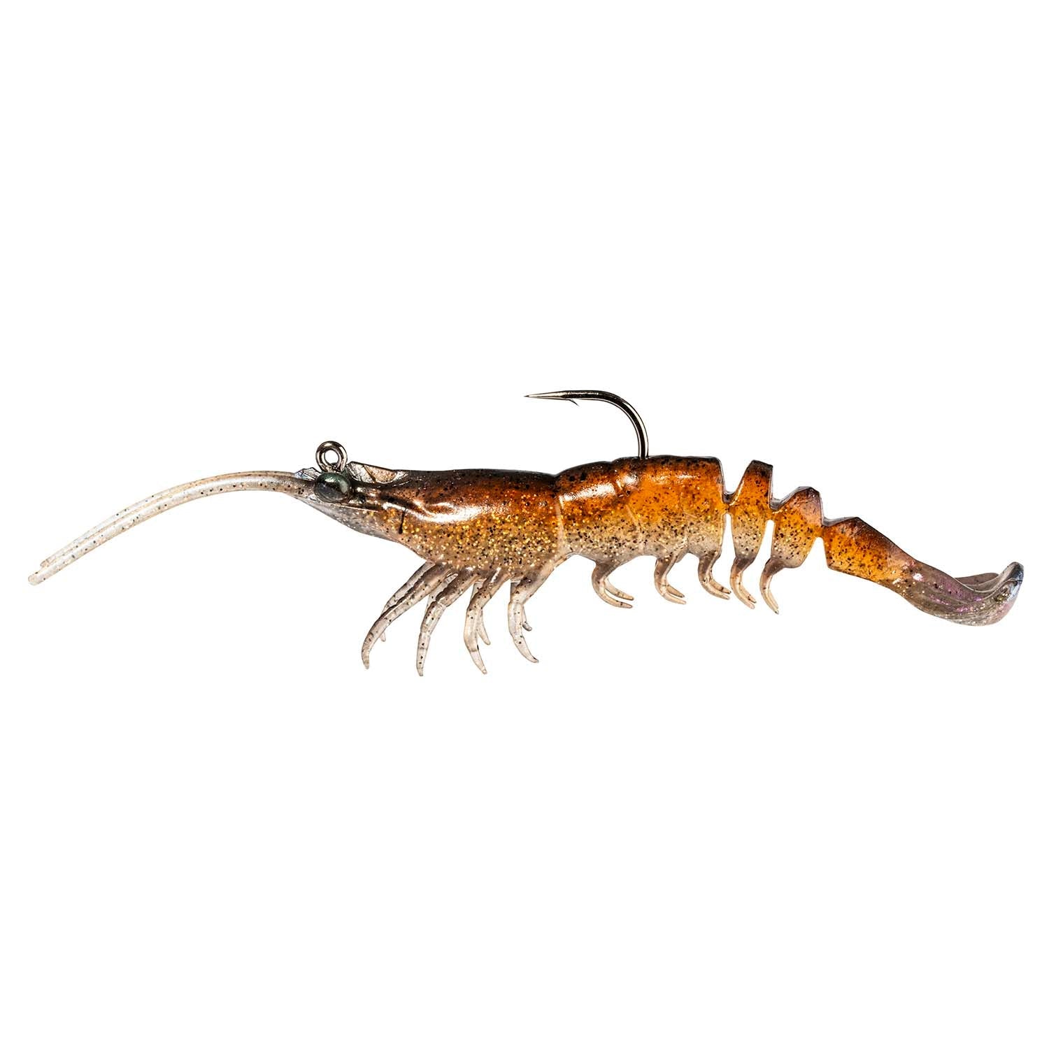 Orange-brown shrimp-shaped fishing lure with segmented legs and black hook