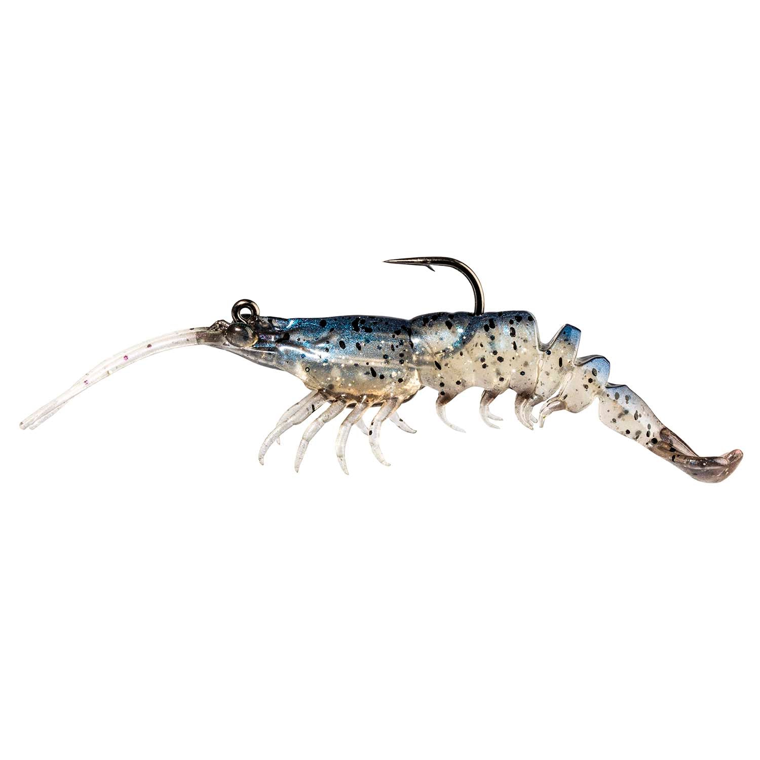 Blue and white shrimp-shaped fishing lure with speckled legs and black hook