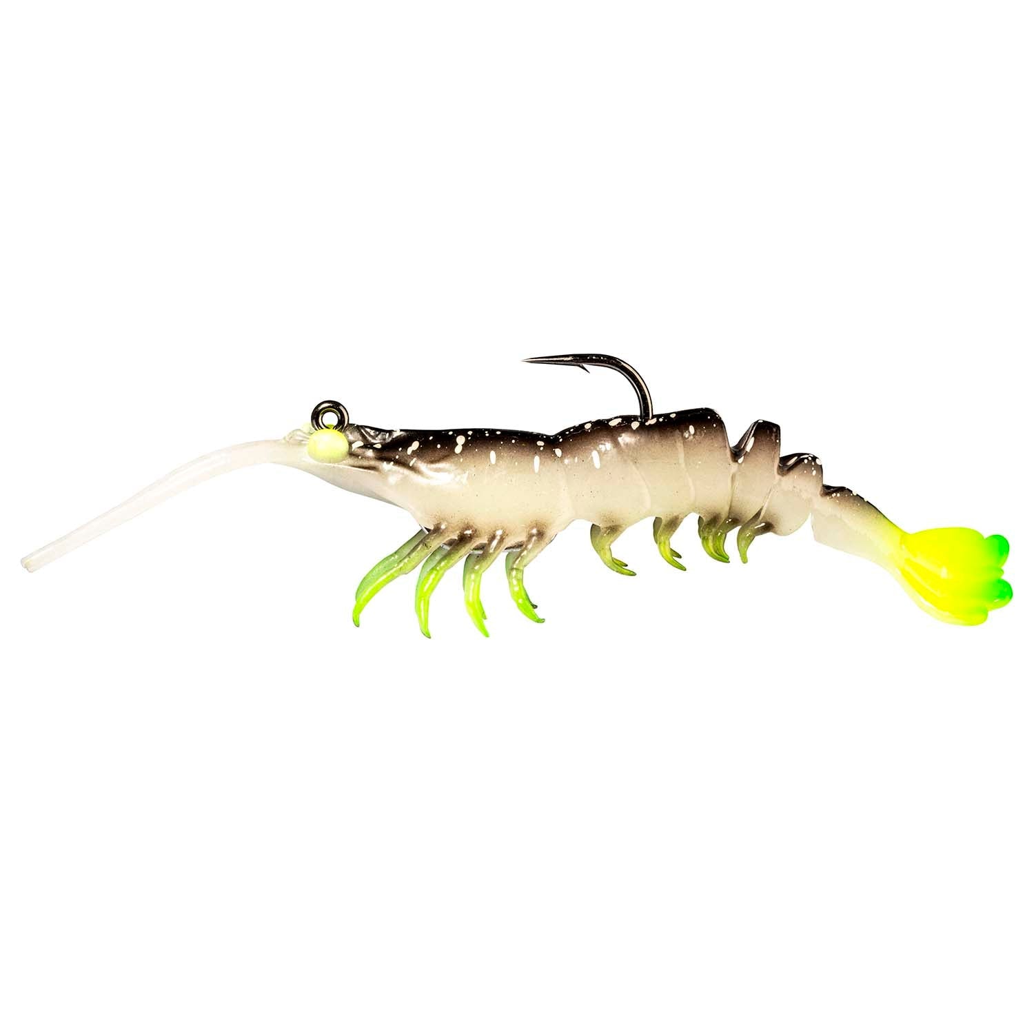 Cream shrimp-shaped fishing lure with glowing chartreuse tail, segmented legs, black hook