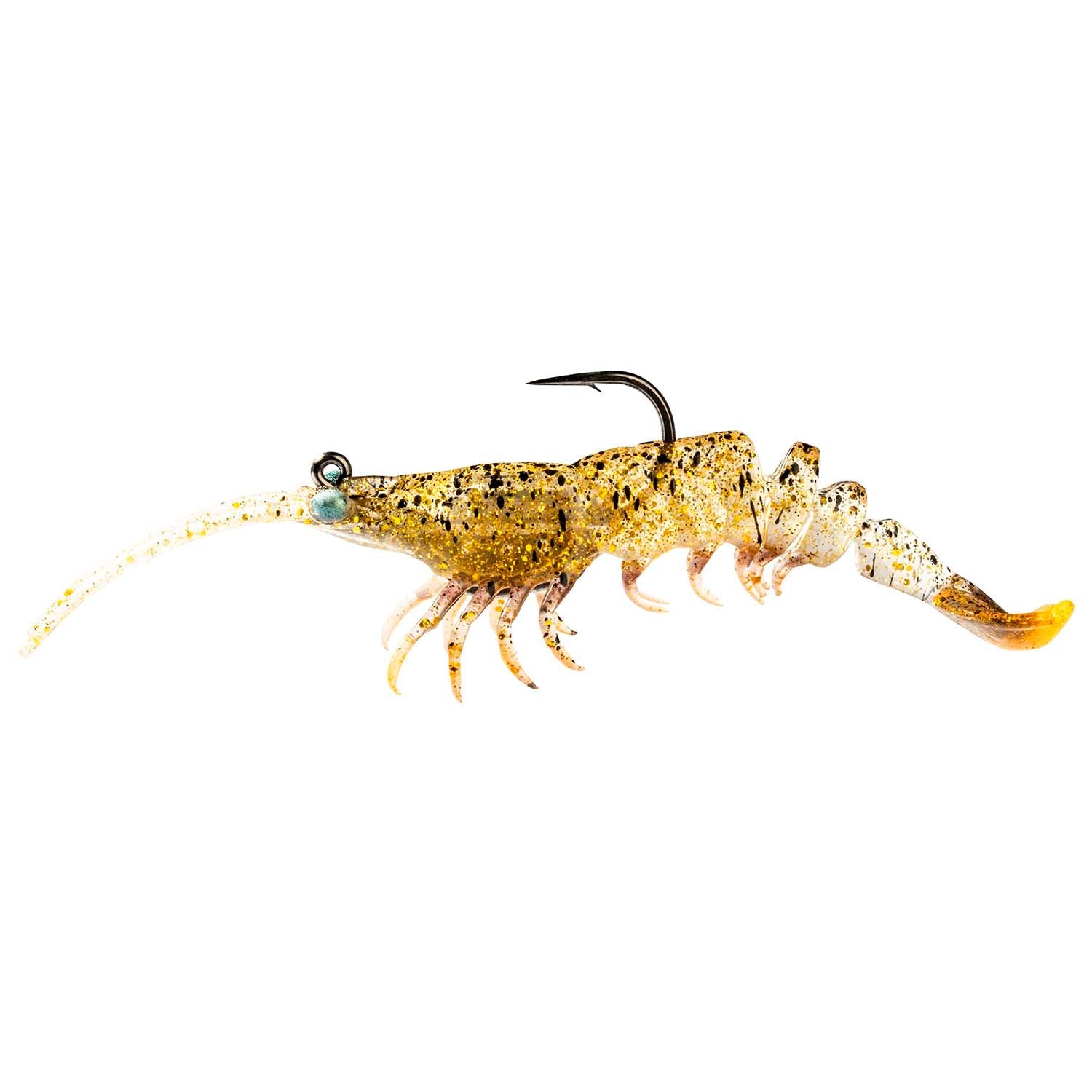 Gold speckled shrimp-shaped fishing lure with segmented legs and black hook