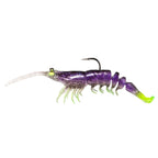 Purple shrimp-style fishing lure with neon green tail fin, black hook, translucent legs