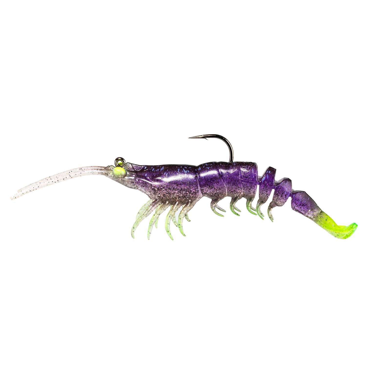 Purple shrimp-style fishing lure with neon green tail fin, black hook, translucent legs