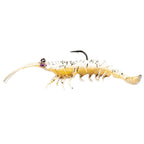 White speckled shrimp-shaped fishing lure with small purple head, segmented legs, black hook