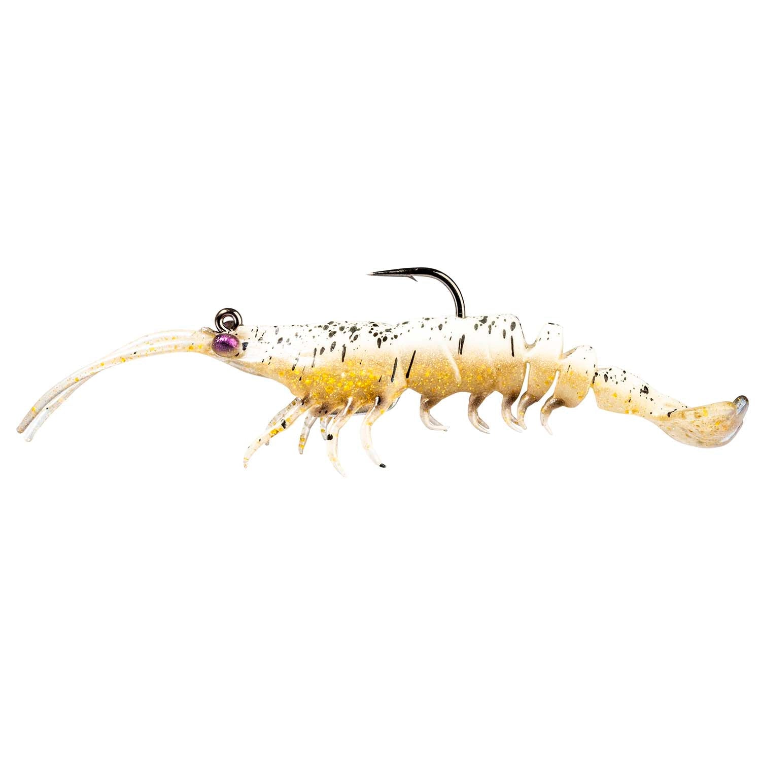 White speckled shrimp-shaped fishing lure with small purple head, segmented legs, black hook
