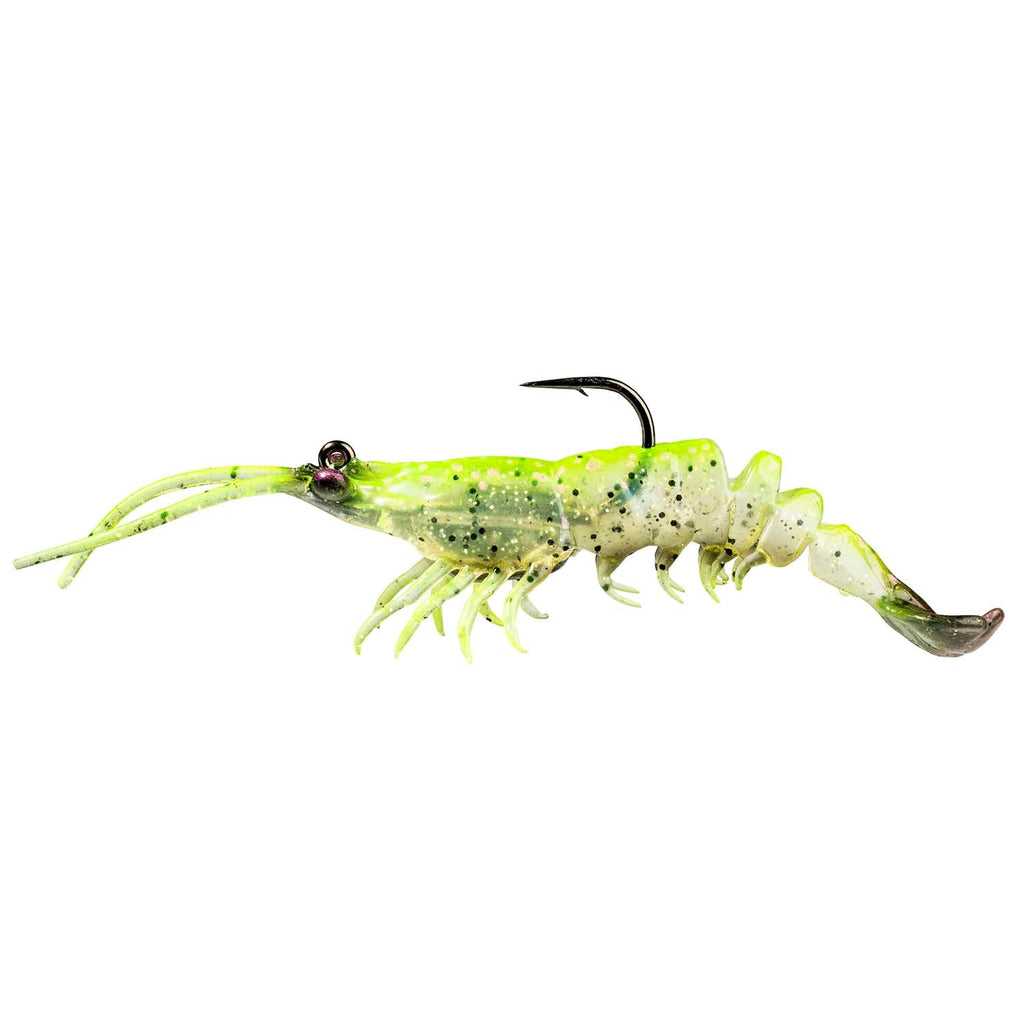 Lime green shrimp-shaped fishing lure with dark speckles, segmented legs, black hook