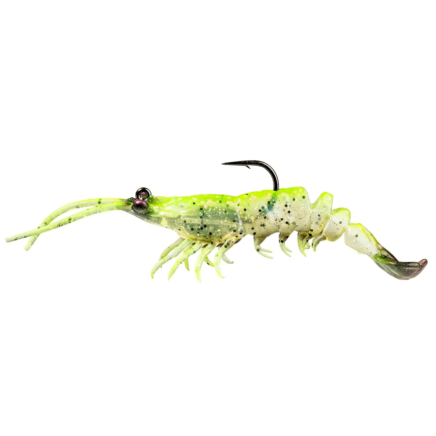 Lime green shrimp-shaped fishing lure with dark speckles, segmented legs, black hook