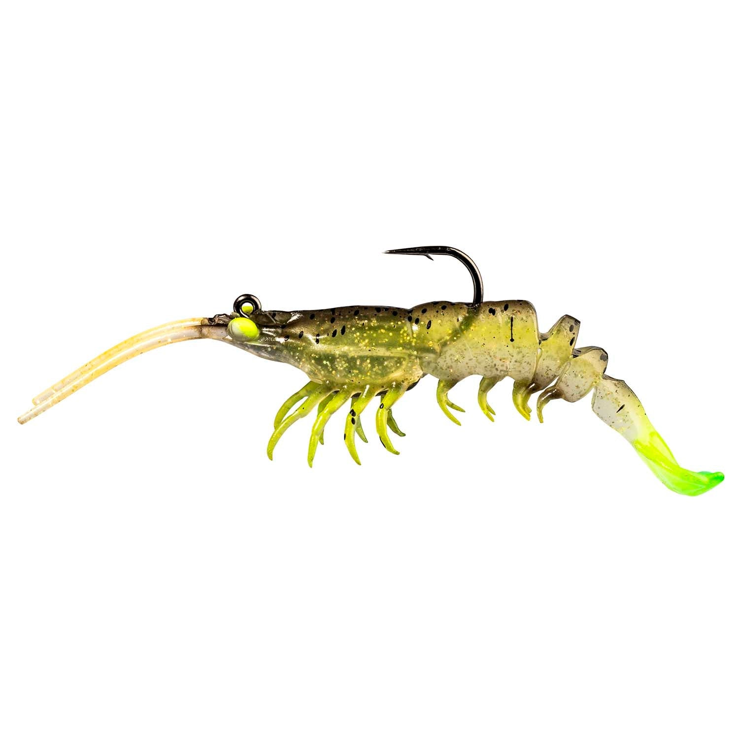 Olive green shrimp-shaped fishing lure with chartreuse highlights, segmented legs, black hook