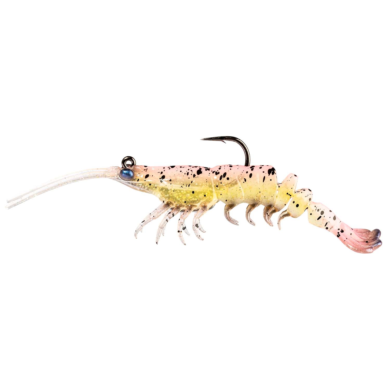Tan shrimp-shaped fishing lure with purple speckles and pink tail, segmented legs, black hook