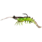 Green shrimp-style fishing lure with black hook, speckled glitter body, translucent legs