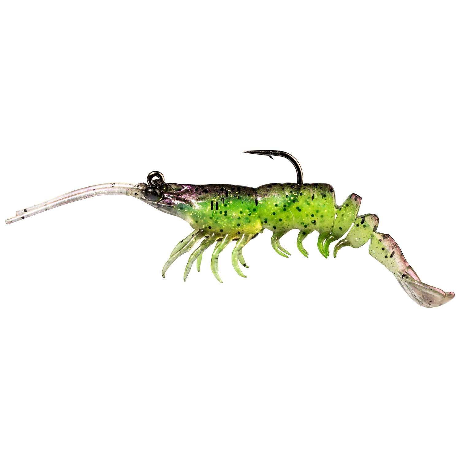 Green shrimp-style fishing lure with black hook, speckled glitter body, translucent legs
