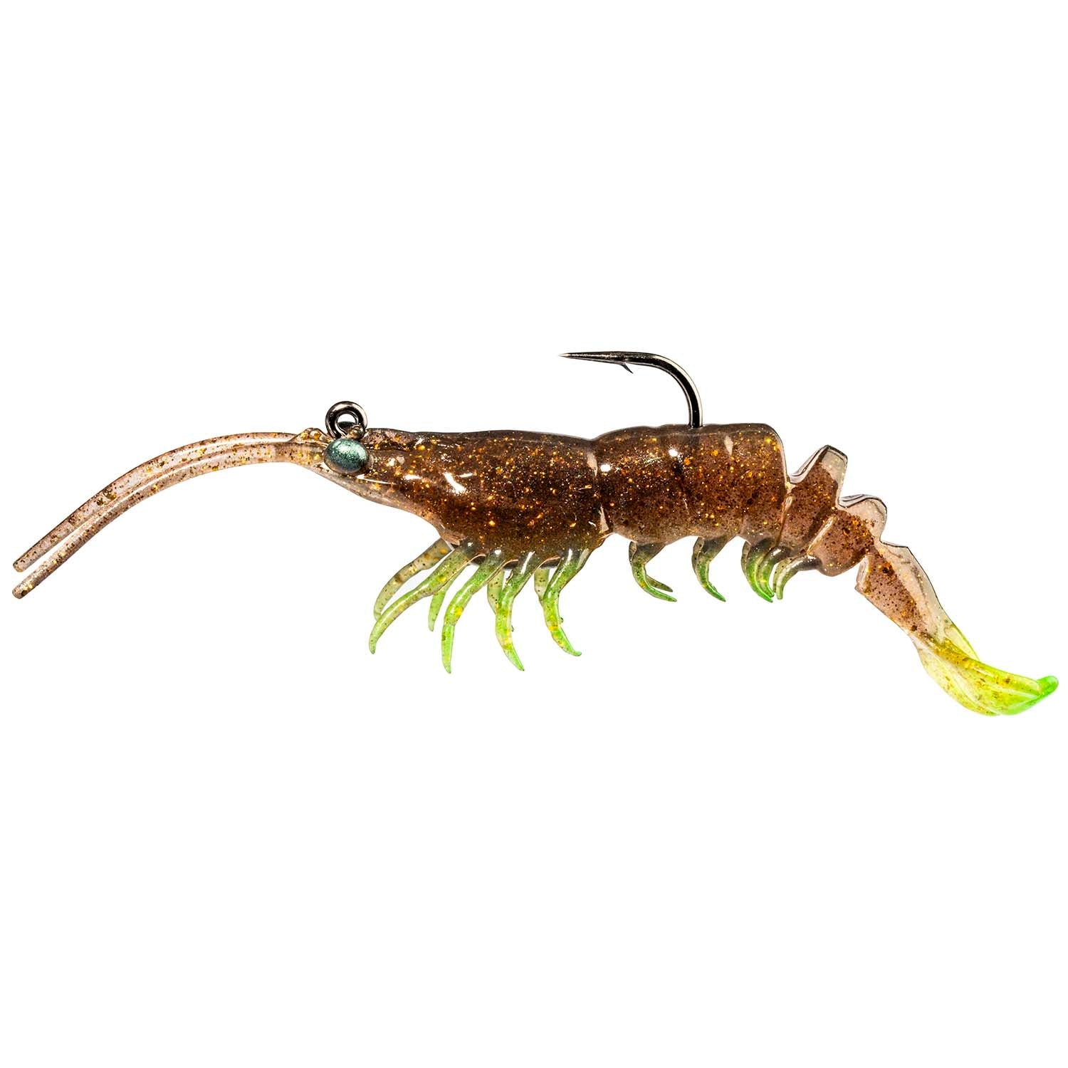 Brown shrimp-style fishing lure with gold glitter body, black hook, green translucent legs