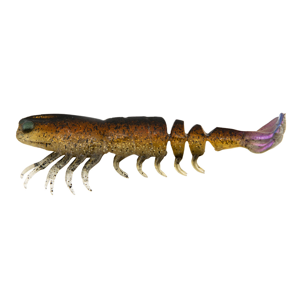 Soft prawn fishing lure, orange-brown speckled body with purple-tinted tail