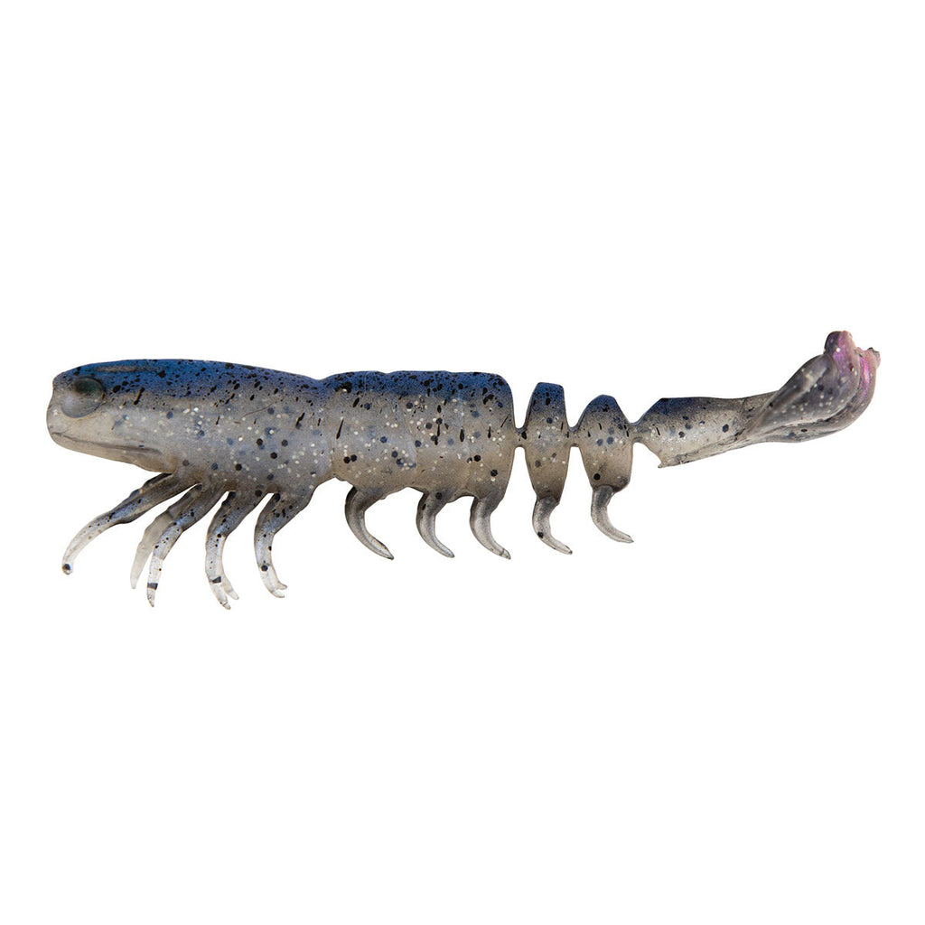 Soft prawn fishing lure, gray-blue speckled body with pink-purple tail tip
