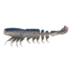 Soft prawn fishing lure, gray-blue speckled body with pink-purple tail tip