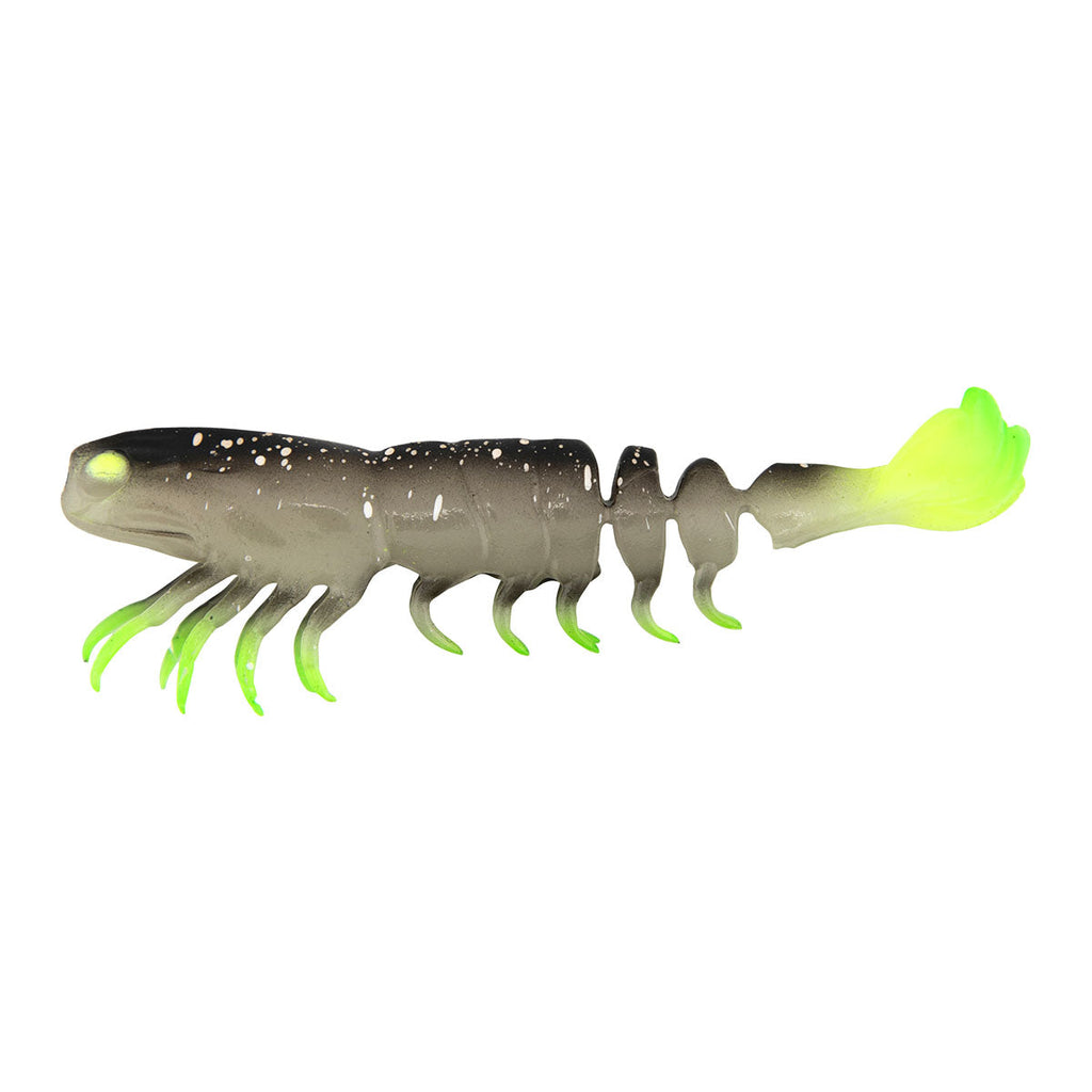Soft prawn fishing lure, translucent gray body with neon green tail and legs