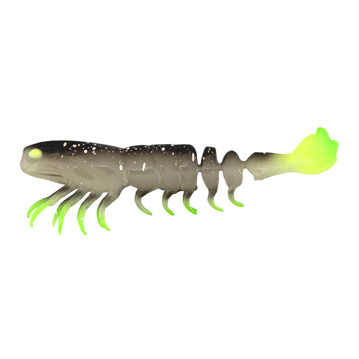 Soft prawn fishing lure, translucent gray body with neon green tail and legs