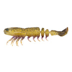 Soft prawn fishing lure, gold speckled body with brown tail and translucent legs