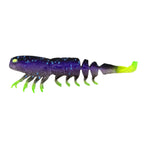 Soft prawn fishing lure, purple body with neon green tail and lime legs