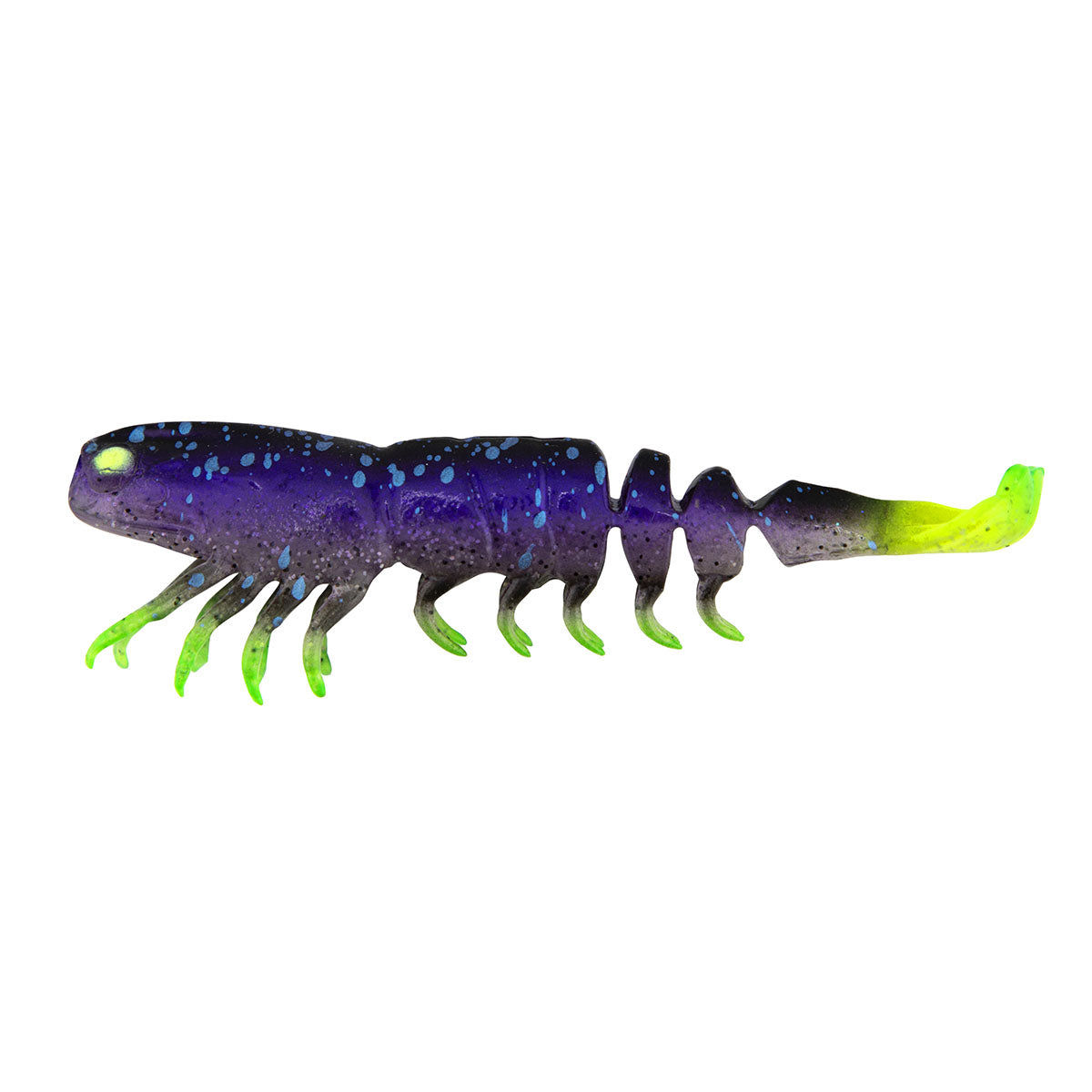 Soft prawn fishing lure, purple body with neon green tail and lime legs
