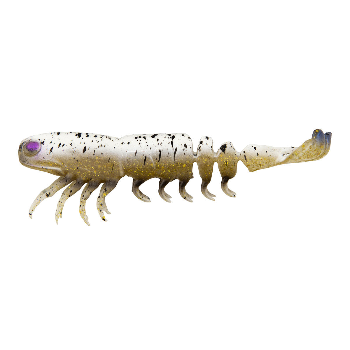 Soft prawn fishing lure, white-speckled body with purple head spot and legs