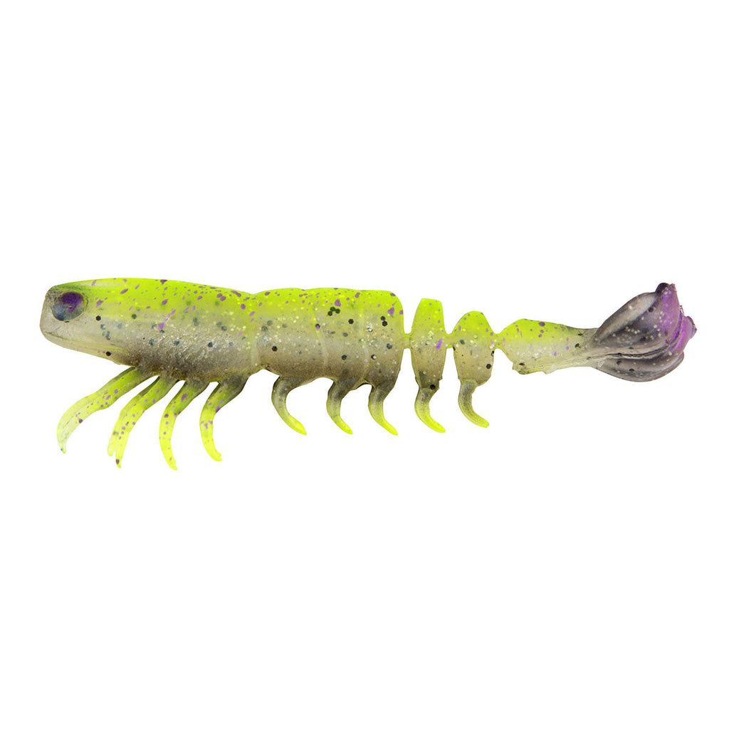 Soft prawn fishing lure, lime green body with purple head and gray tail