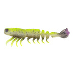 Soft prawn fishing lure, lime green body with purple head and gray tail