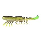 Soft prawn fishing lure, olive-green speckled body with neon green tail