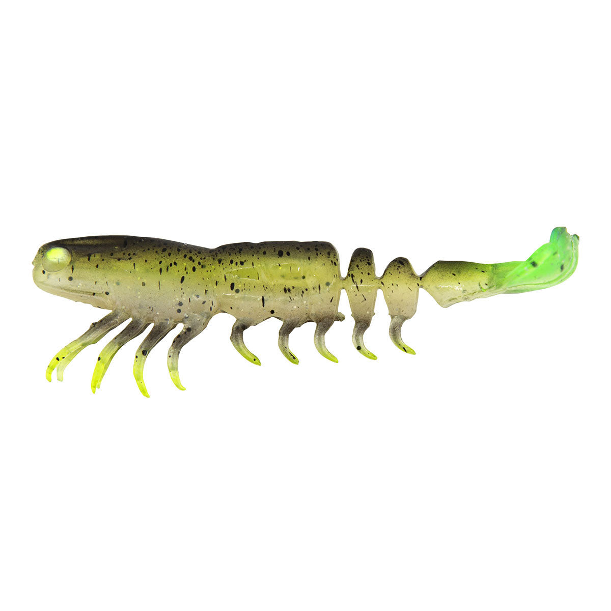 Soft prawn fishing lure, olive-green speckled body with neon green tail