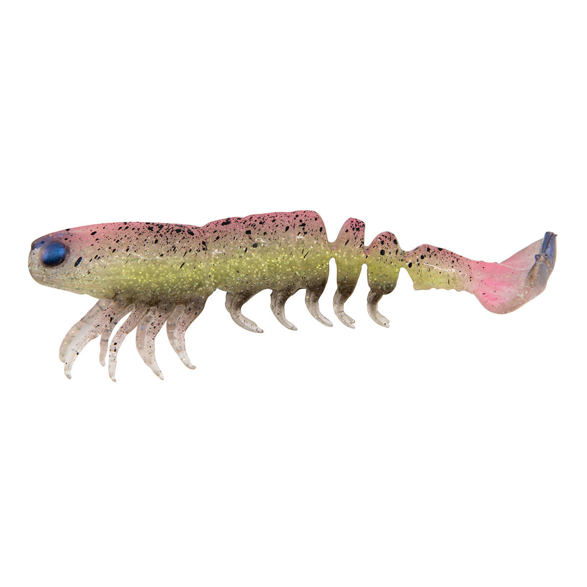 Soft prawn fishing lure, yellow-green speckled body with pink tail and legs