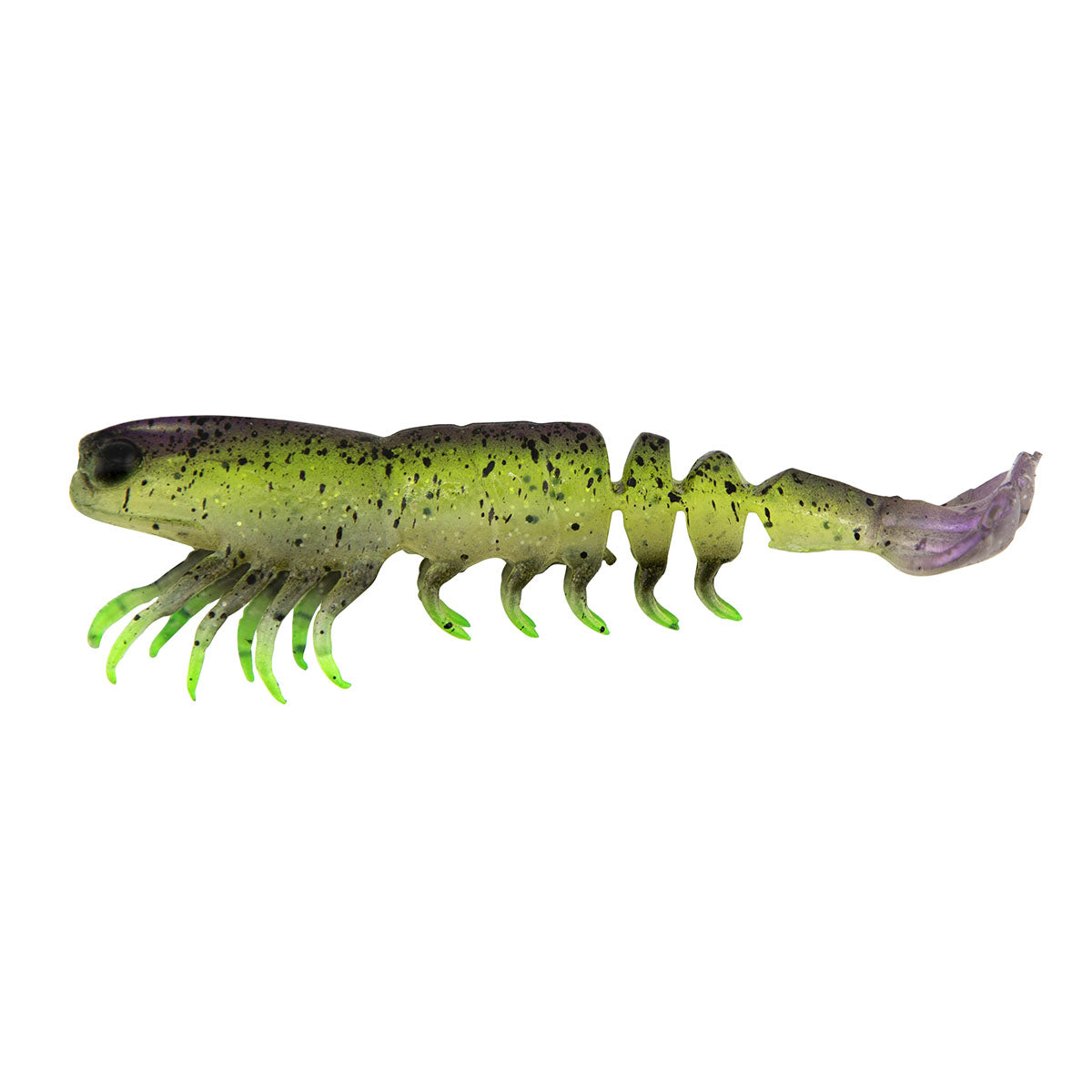 PrawnstarZ soft prawn lure, green body with purple tail tip and dangling legs