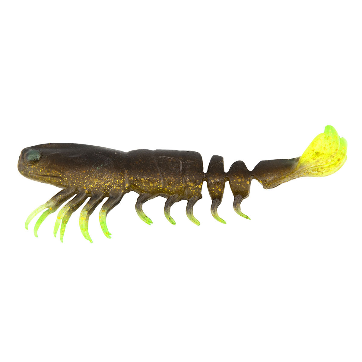 PrawnstarZ soft prawn lure, dark body with neon yellow tail and tentacle legs