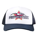 Navy and white foamie hat with mesh back and PRAWNSTARZ logo patch