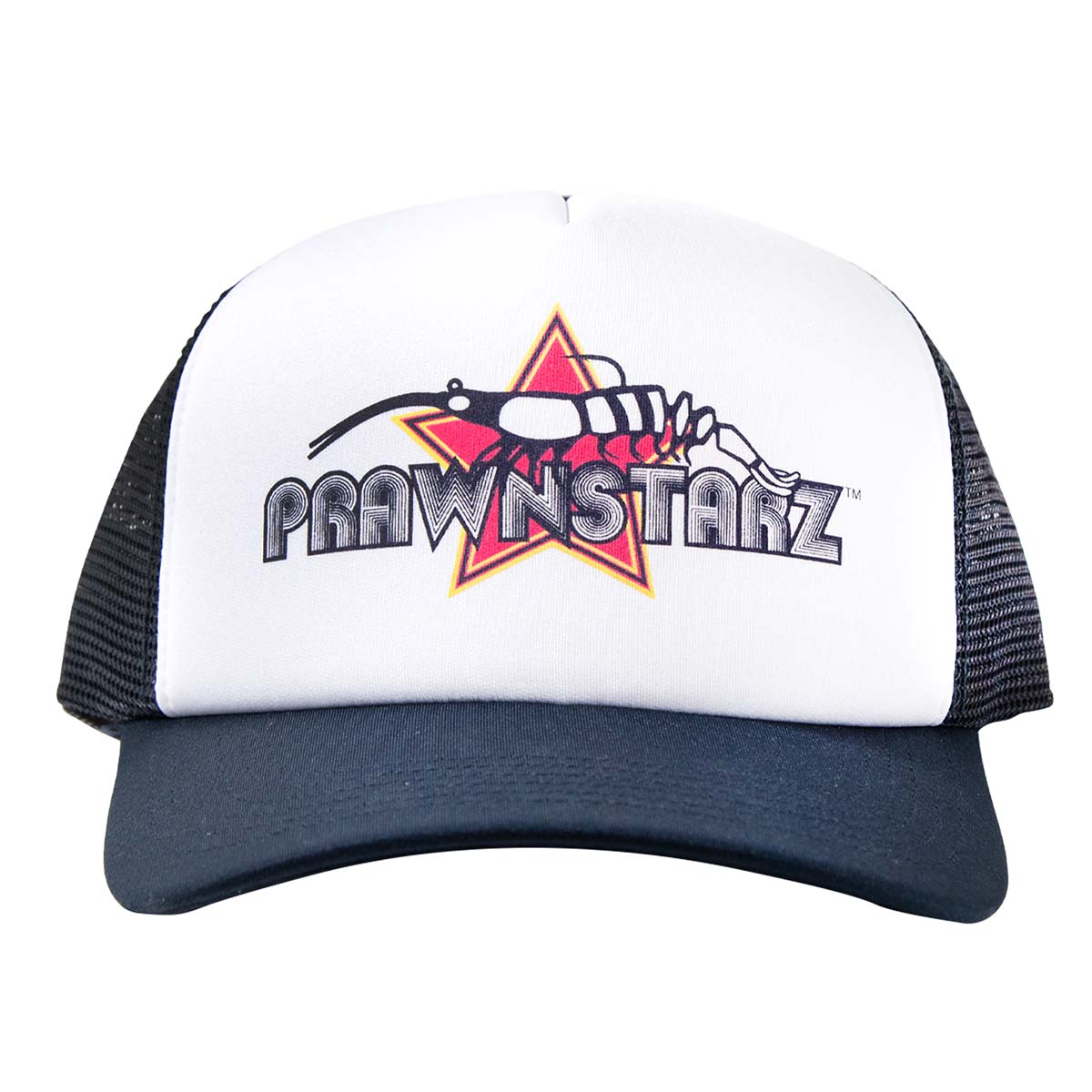 Navy and white foamie hat with mesh back and PRAWNSTARZ logo patch