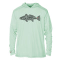 Sage green pullover hoodie with hood and black fish graphic across the front