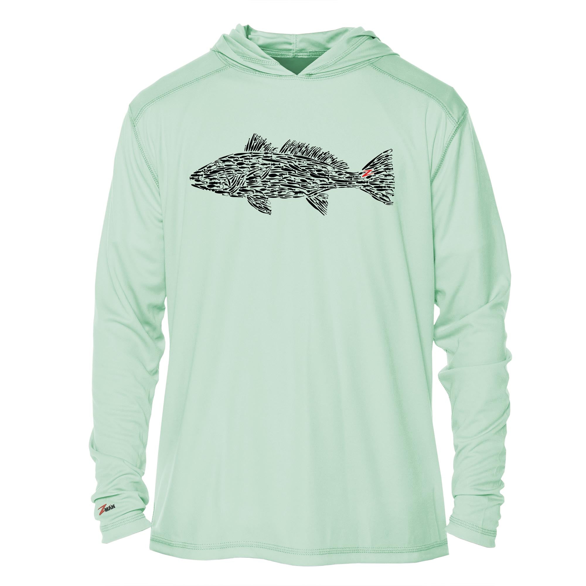 Sage green pullover hoodie with hood and black fish graphic across the front