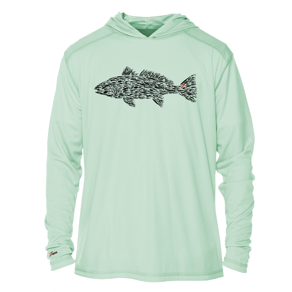 Sage green tech hoodie with hood, long sleeves, and black fish graphic on chest