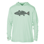 Sage green tech hoodie with hood, long sleeves, and black fish graphic on chest