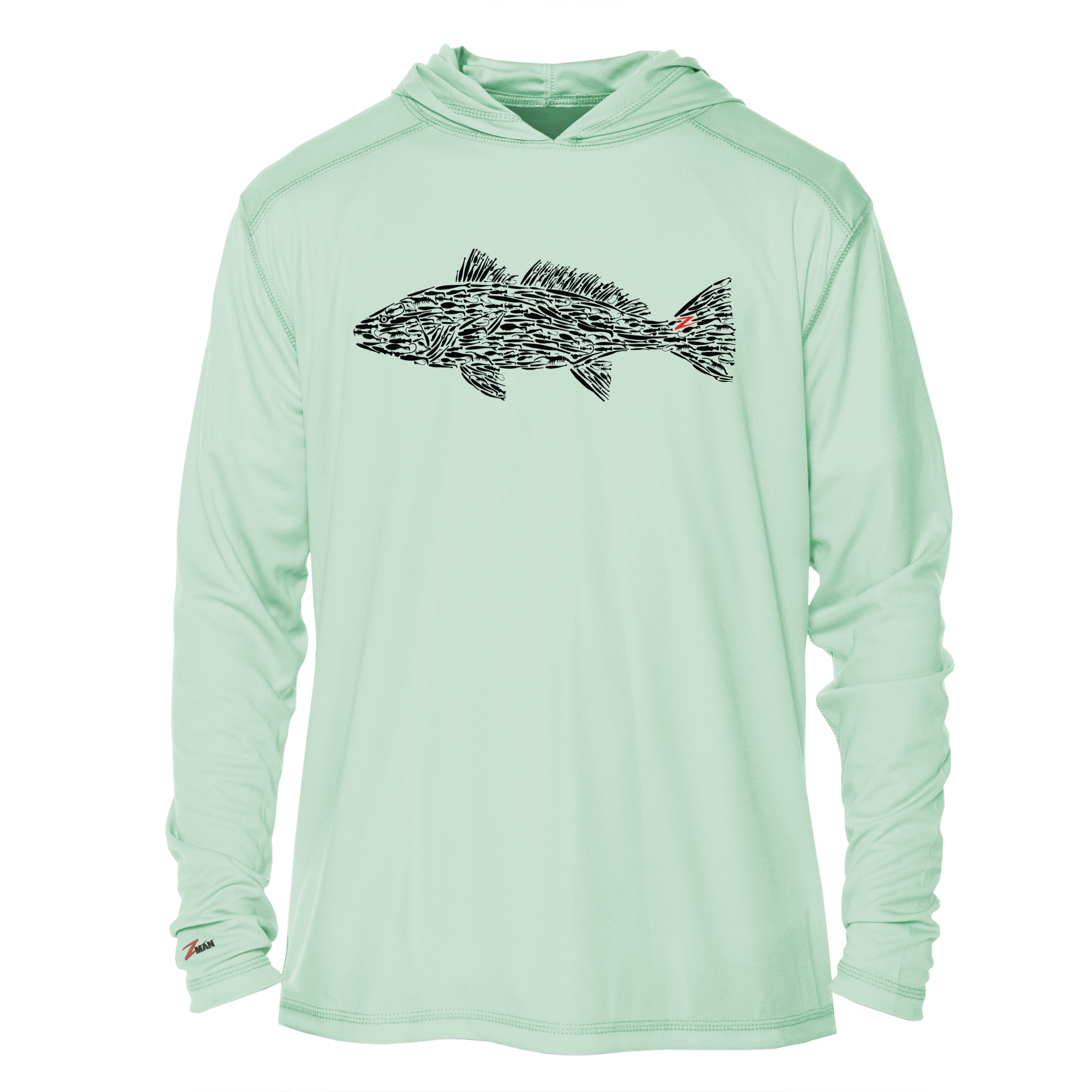 Sage green tech hoodie with hood, long sleeves, and black fish graphic on chest
