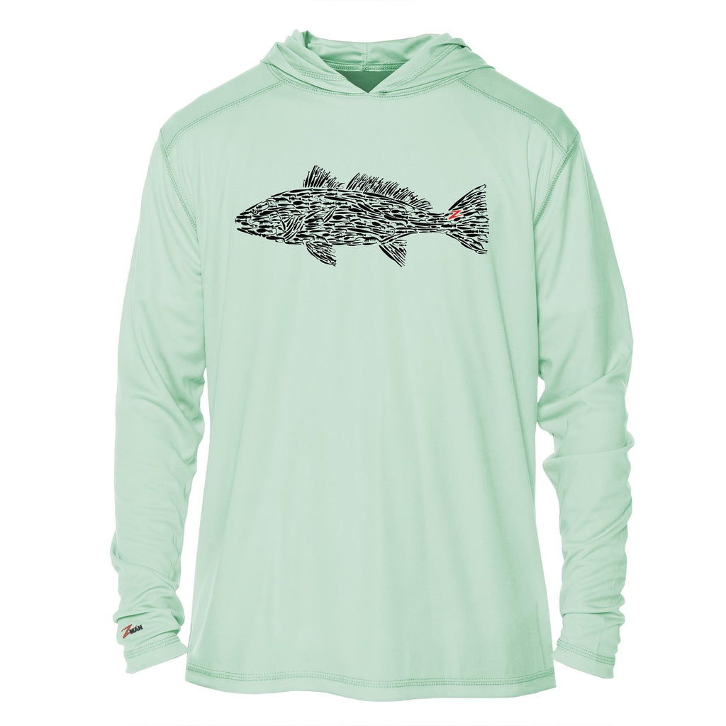 Sage green tech hoodie with hood and prominent black fish graphic across the front