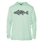 Sage green tech hoodie, front view with hood and black fish graphic on chest