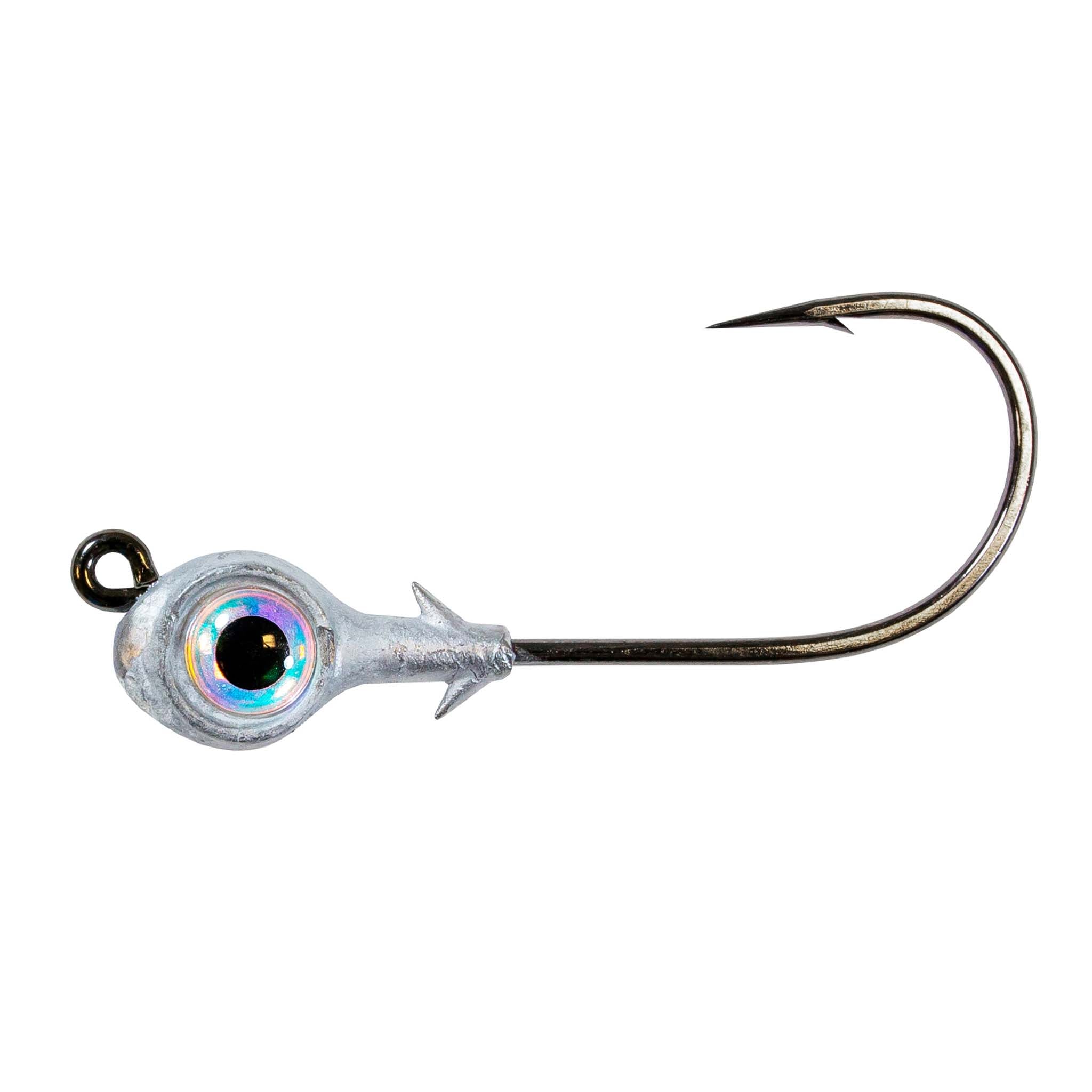 Redfish eye jighead with iridescent blue-green round eye and star-shaped collar, single hook