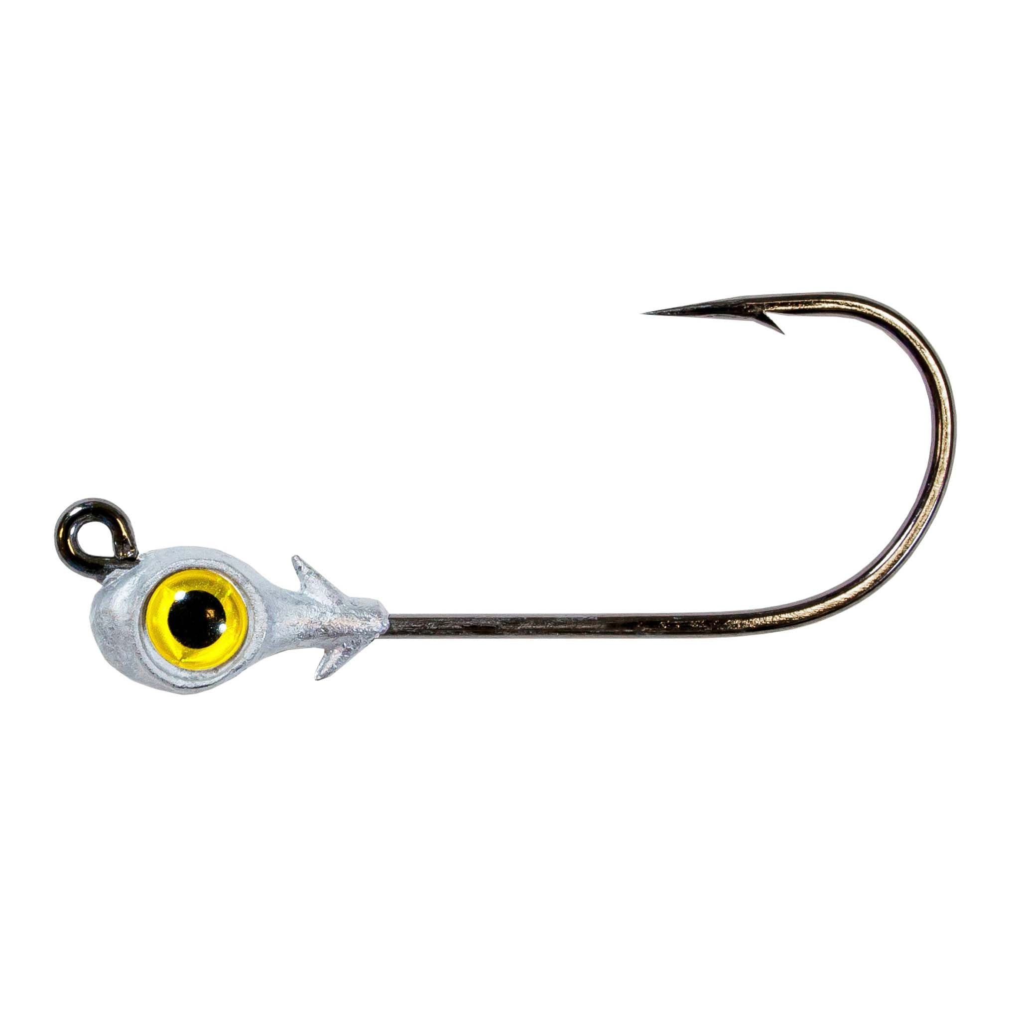 Redfish eye jighead with yellow round eye and star-shaped collar, single fishing hook