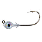 Redfish eye jighead with iridescent blue-green round eye and star-shaped collar, single hook