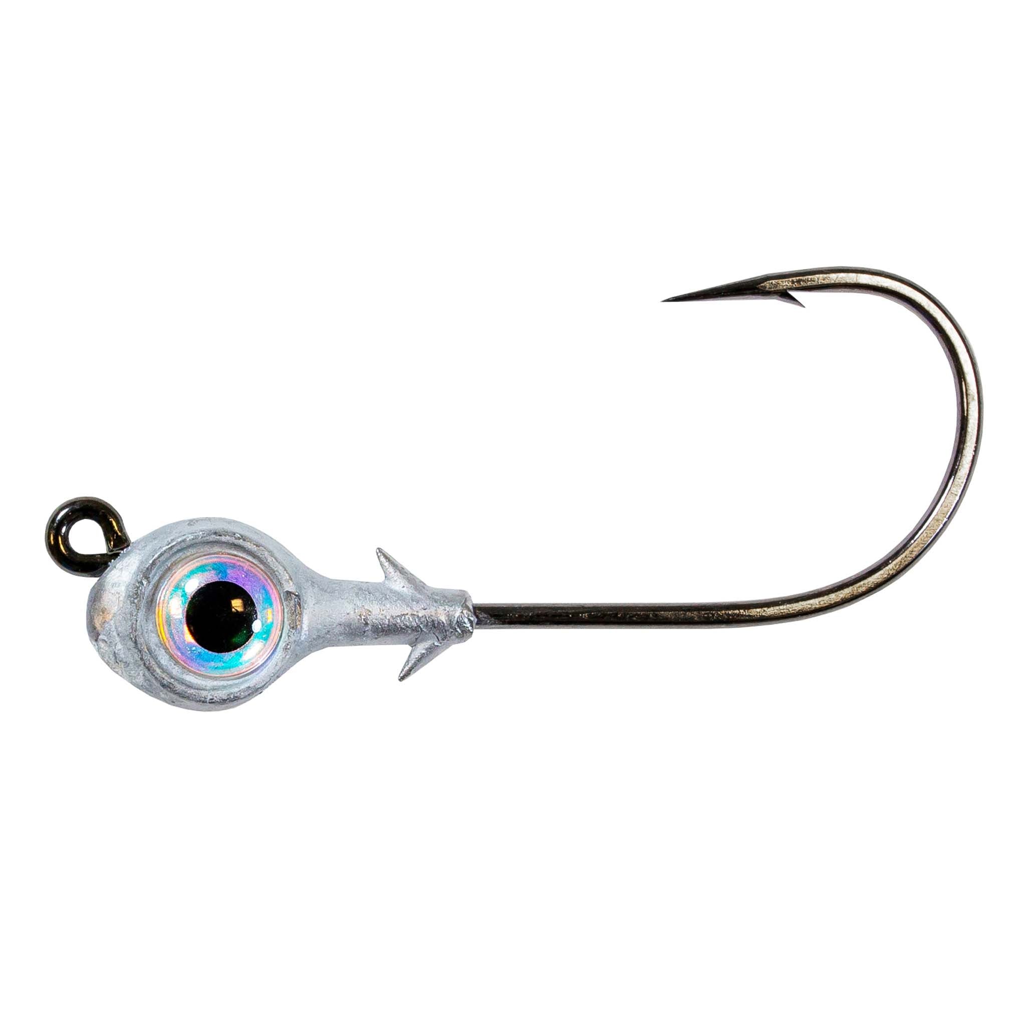 Redfish eye jighead with iridescent blue-green round eye and star-shaped collar, single hook