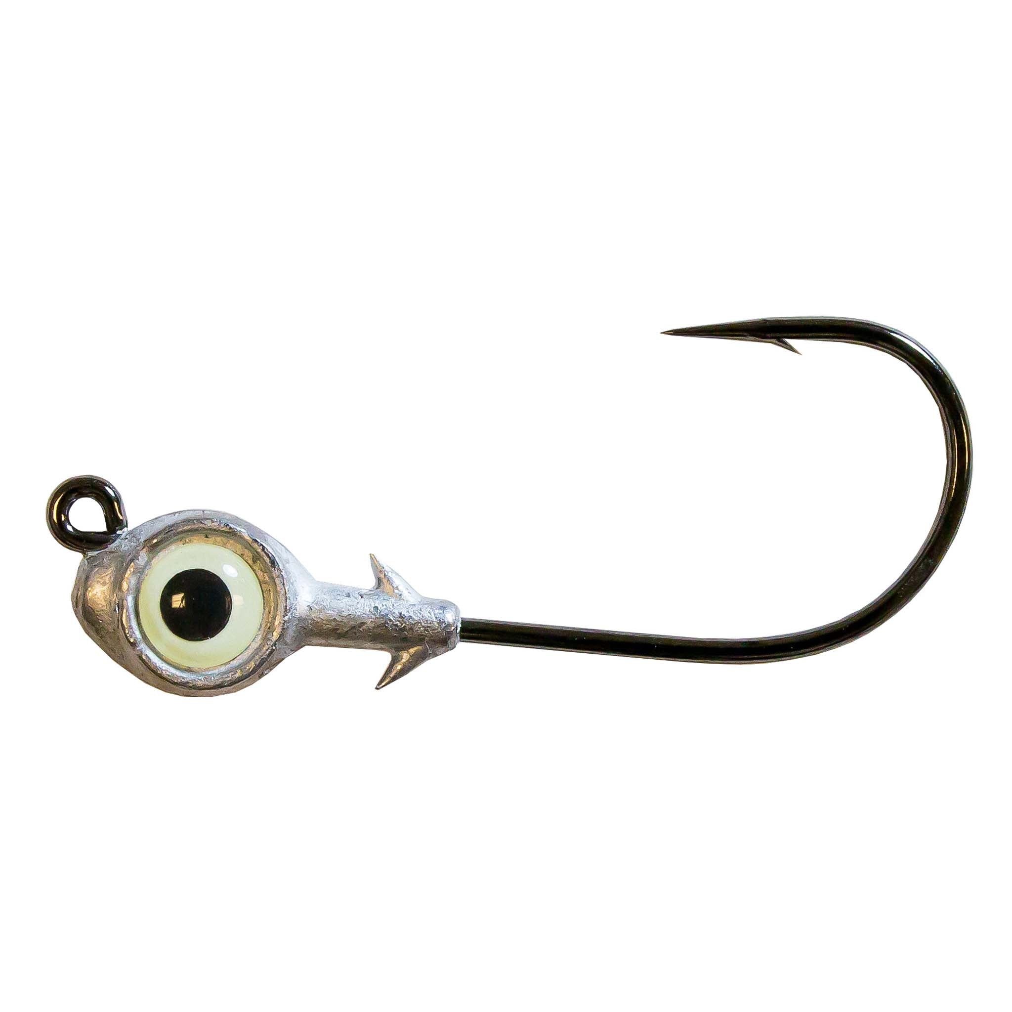 Fishing jighead with gold eye, silver head, and single curved hook