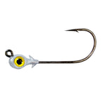 Fishing jighead with yellow eye, silver head, and single curved hook