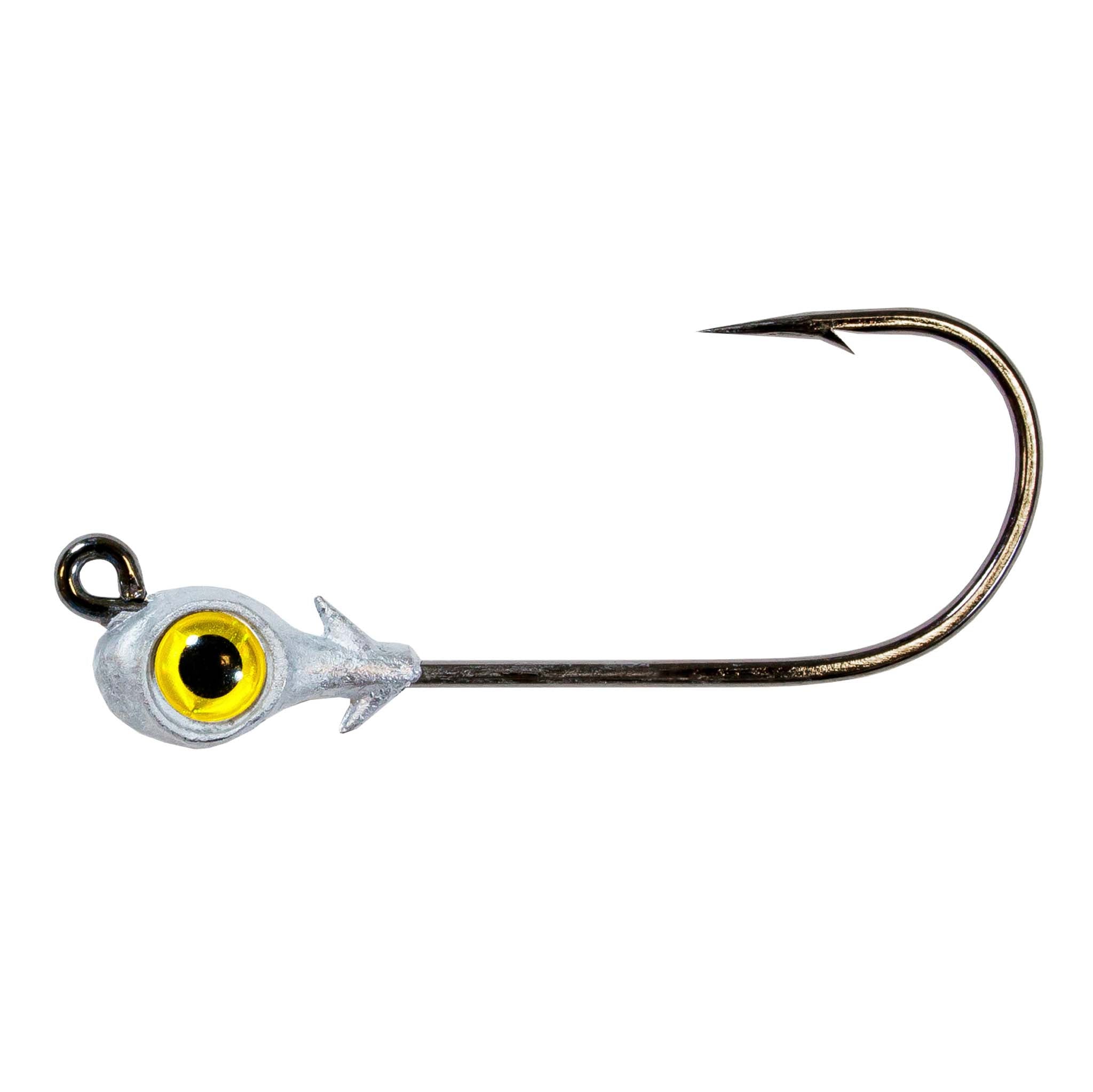 Fishing jighead with yellow eye, silver head, and single curved hook
