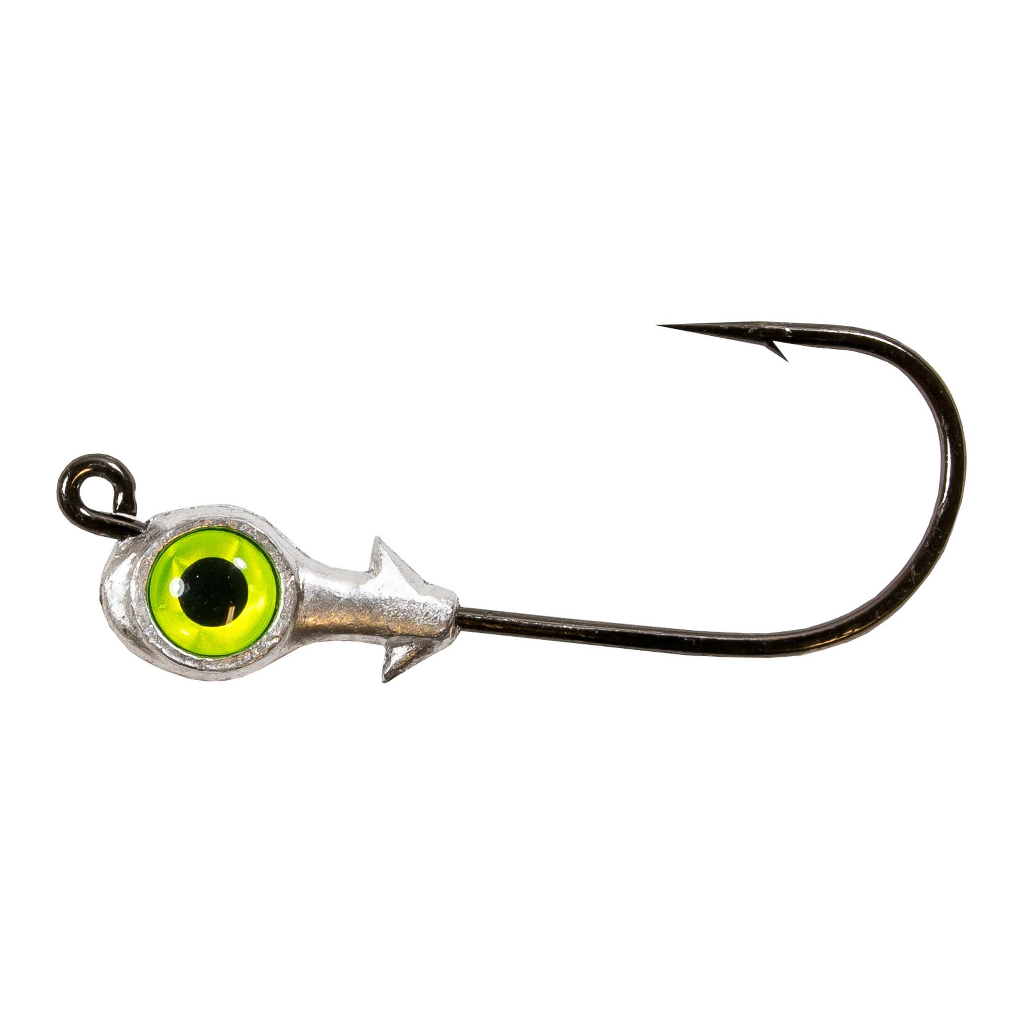 Fishing jighead with chartreuse green eye, silver head, and single curved hook